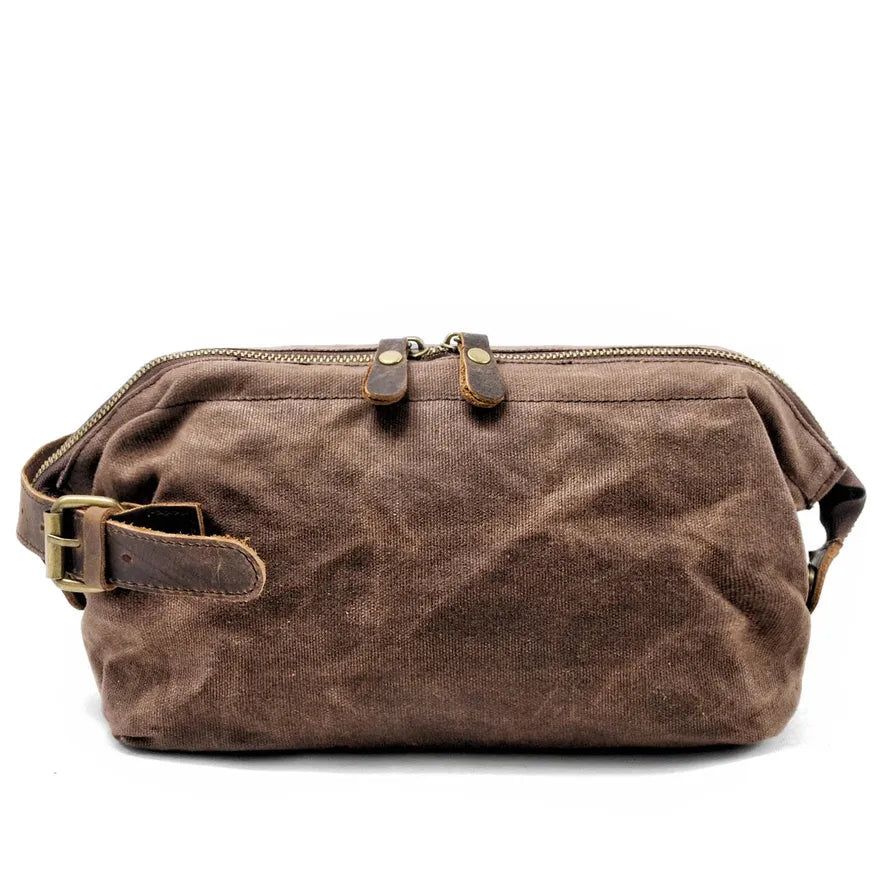 HKM-219027 Waterproof Waxed Canvas Travel Toiletry Bag with Leather Handle for Unisex