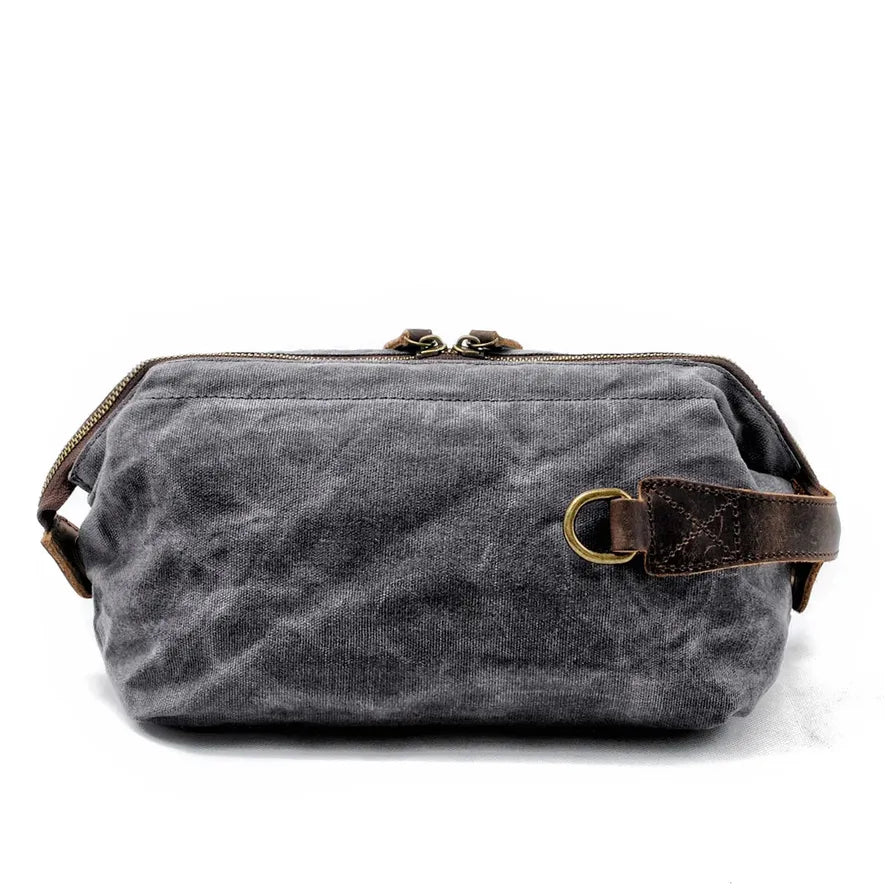 HKM-219027 Waterproof Waxed Canvas Travel Toiletry Bag with Leather Handle for Unisex