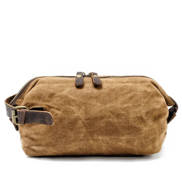 HKM-219027 Waterproof Waxed Canvas Travel Toiletry Bag with Leather Handle for Unisex