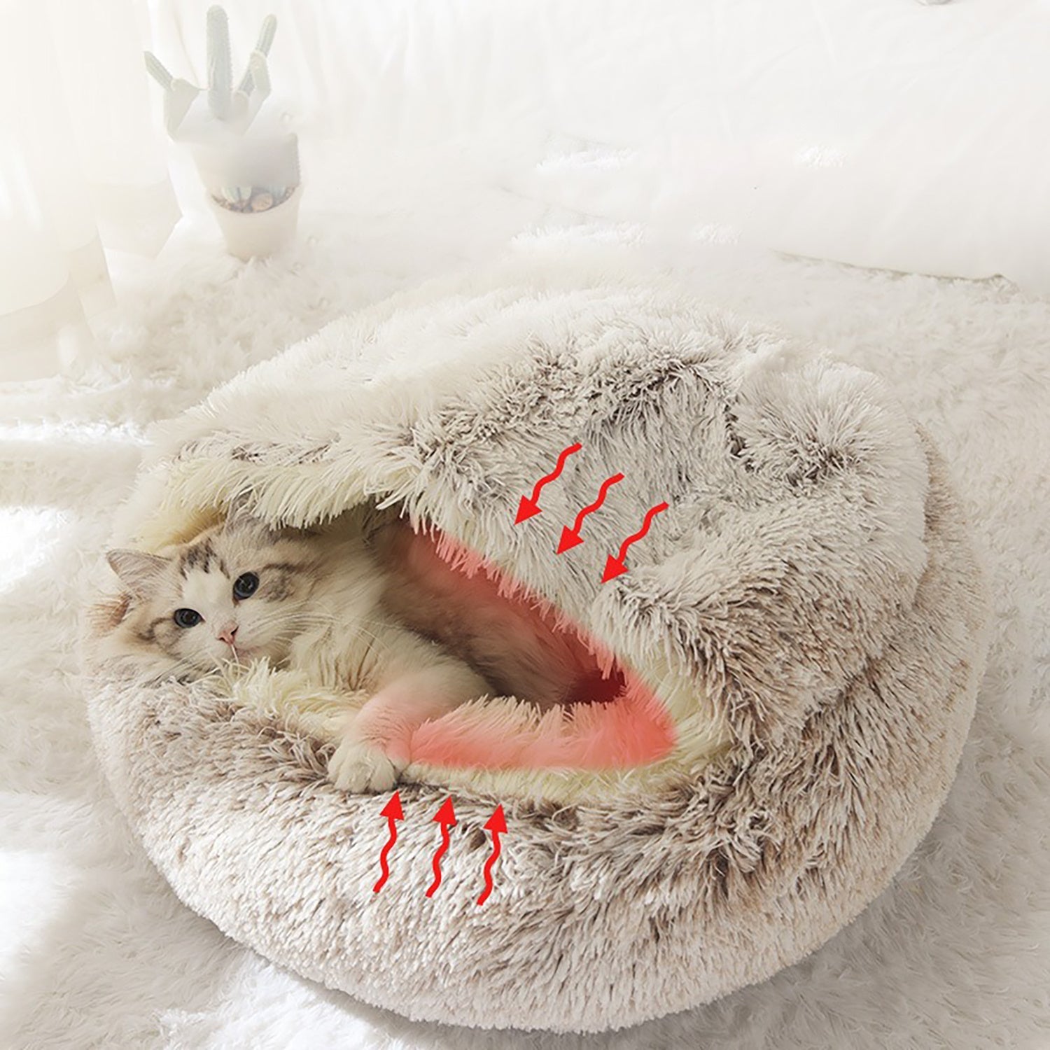 HKM-2192189 Plush Round Cat Bed with Semi-Enclosed Cave Design for Cozy Comfort and Easy Cleaning