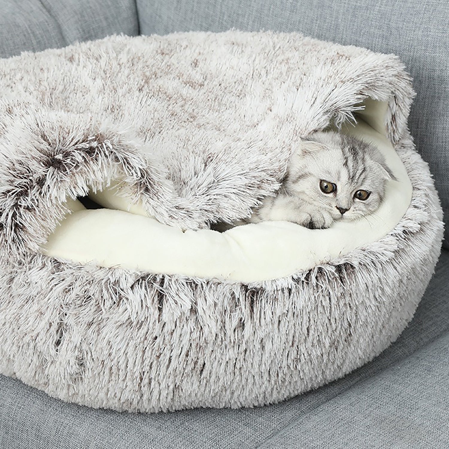 HKM-2192189 Plush Round Cat Bed with Semi-Enclosed Cave Design for Cozy Comfort and Easy Cleaning