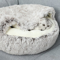 HKM-2192189 Plush Round Cat Bed with Semi-Enclosed Cave Design for Cozy Comfort and Easy Cleaning