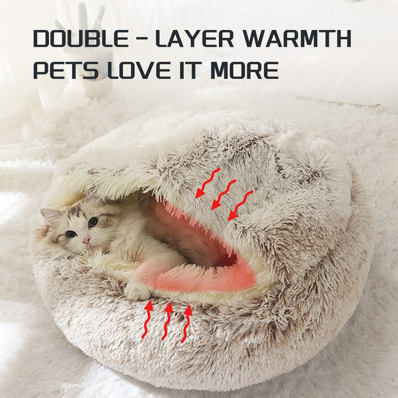 HKM-2192189 Plush Round Cat Bed with Semi-Enclosed Cave Design for Cozy Comfort and Easy Cleaning