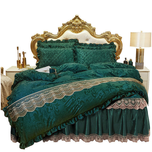 HKM-219283 Lace Velvet Bed Skirt Set with Quilted Cover and Pillowcases in Various Colors