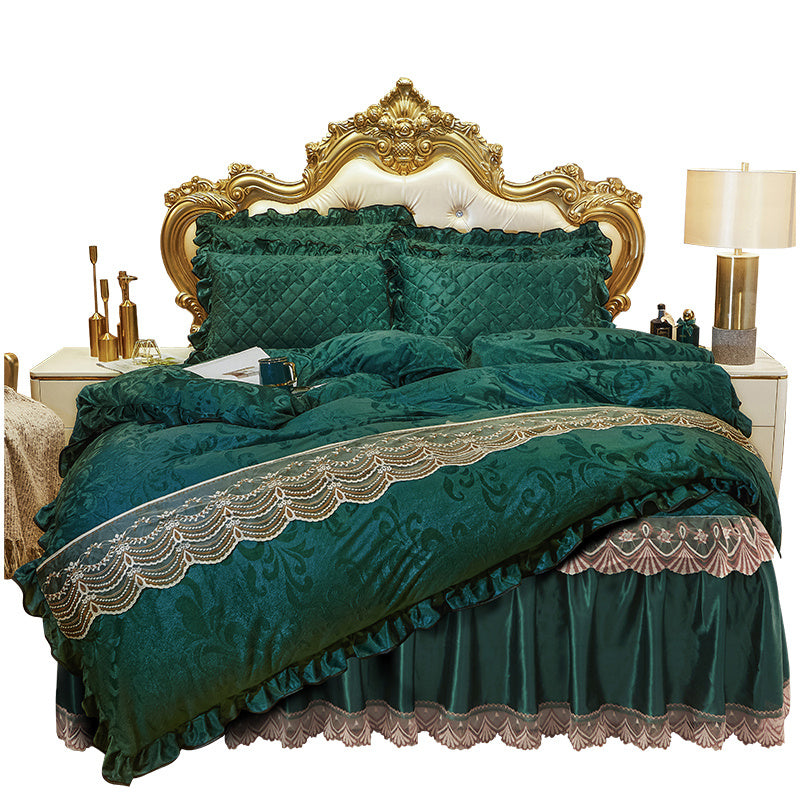 HKM-219283 Lace Velvet Bed Skirt Set with Quilted Cover and Pillowcases in Various Colors