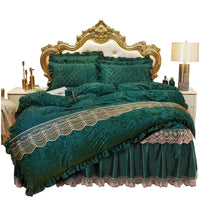 HKM-219283 Lace Velvet Bed Skirt Set with Quilted Cover and Pillowcases in Various Colors