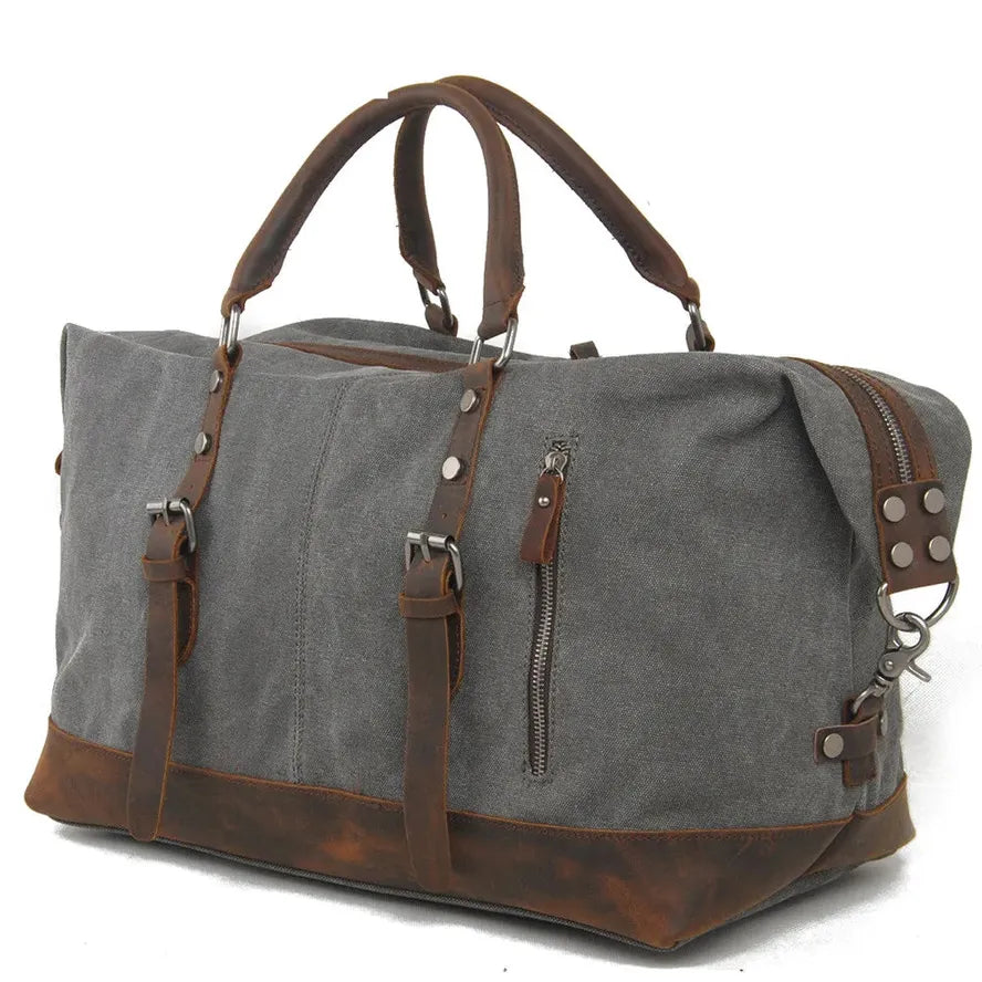 HKM-219539 High Capacity Canvas Shoulder Duffel Bag - Travel Tote with Cowhide Accents