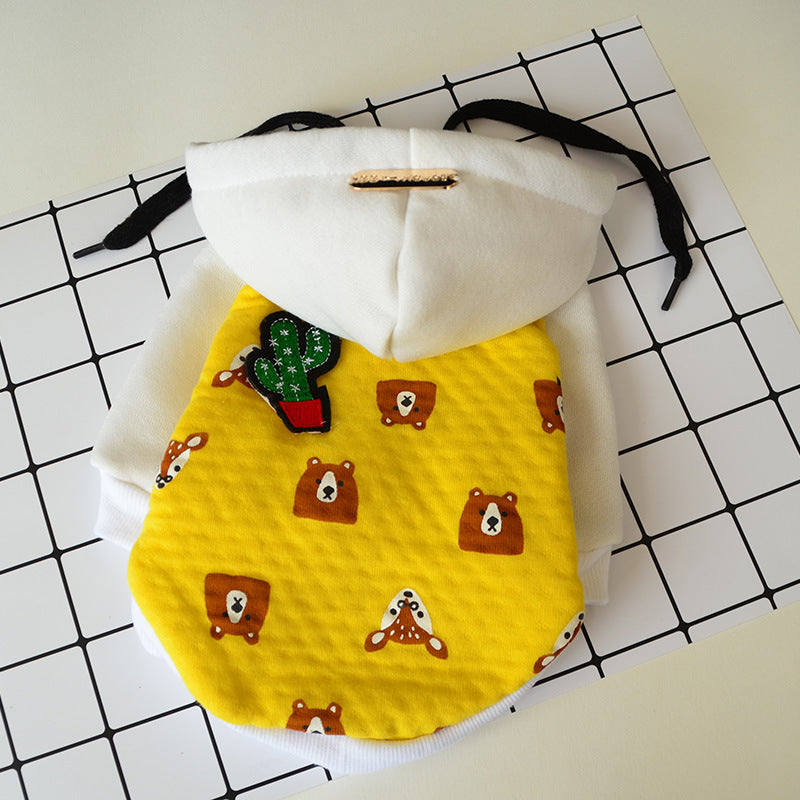 HKM-2195773 Cozy Cotton Fleece Hoodie for Cats in Gold with Yellow Bear Design