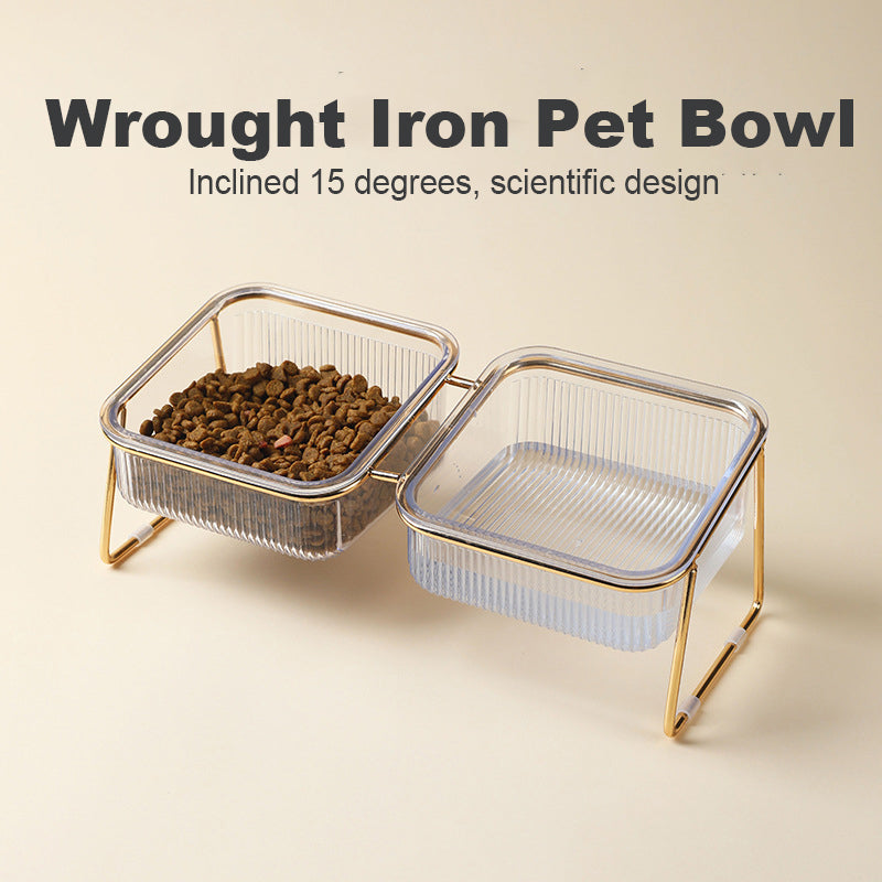 HKM-2196669 Elevated Pet Bowl with Oblique Mouth Design for Neck Support - Gold-Plated Iron & ABS Material