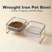 HKM-2196669 Elevated Pet Bowl with Oblique Mouth Design for Neck Support - Gold-Plated Iron & ABS Material