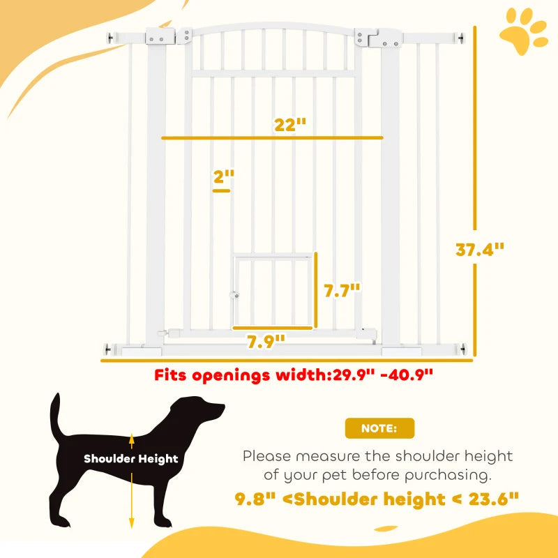 HKM-2201917 Extra Wide Adjustable Pet Gate with Cat Door for Multi-Pet Homes - 30.3" or 37.4" High, White Steel