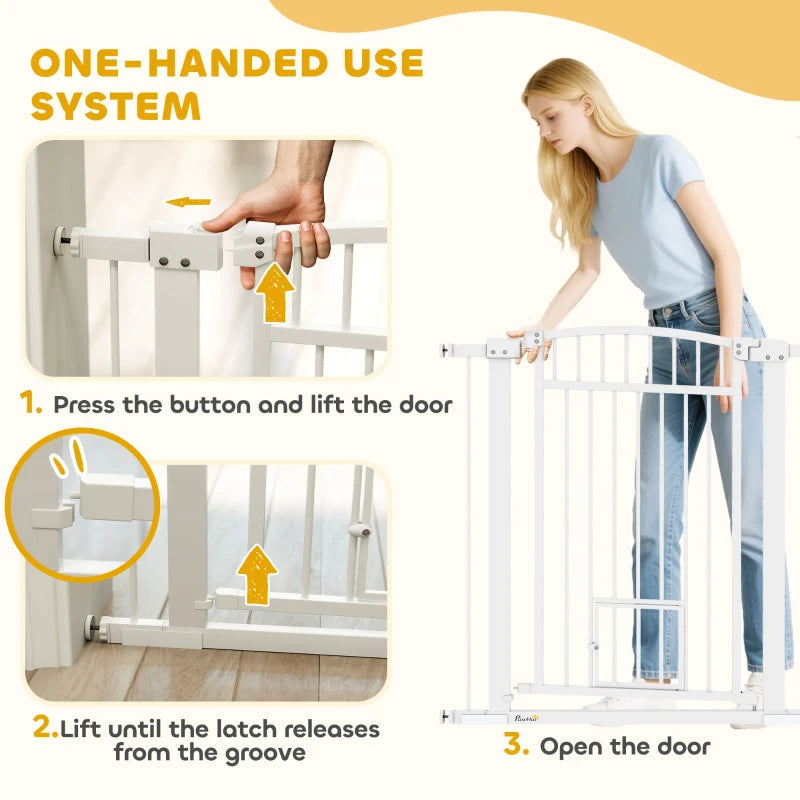 HKM-2201917 Extra Wide Adjustable Pet Gate with Cat Door for Multi-Pet Homes - 30.3" or 37.4" High, White Steel