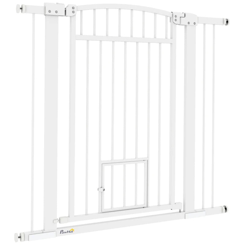 HKM-2201917 Extra Wide Adjustable Pet Gate with Cat Door for Multi-Pet Homes - 30.3" or 37.4" High, White Steel