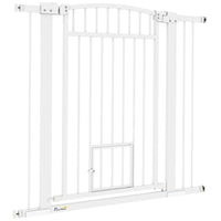 HKM-2201917 Extra Wide Adjustable Pet Gate with Cat Door for Multi-Pet Homes - 30.3" or 37.4" High, White Steel