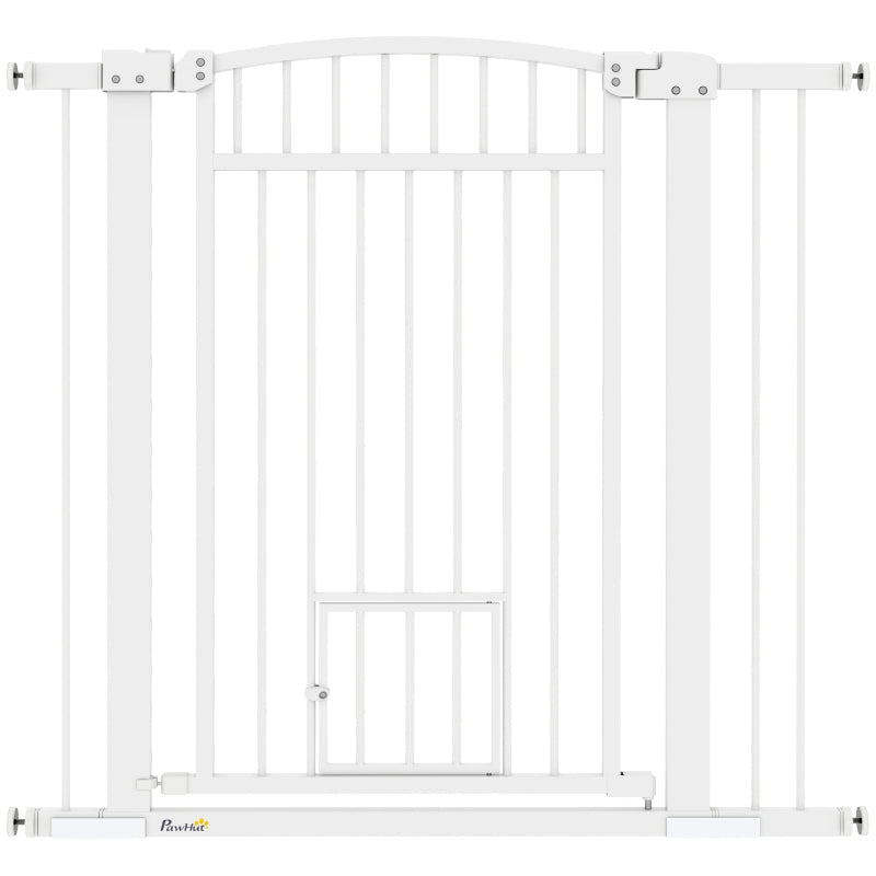 HKM-2201917 Extra Wide Adjustable Pet Gate with Cat Door for Multi-Pet Homes - 30.3" or 37.4" High, White Steel