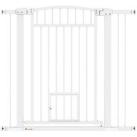 HKM-2201917 Extra Wide Adjustable Pet Gate with Cat Door for Multi-Pet Homes - 30.3" or 37.4" High, White Steel