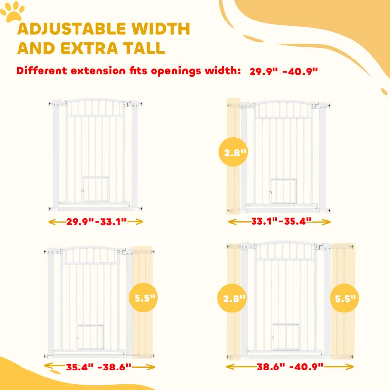 HKM-2201917 Extra Wide Adjustable Pet Gate with Cat Door for Multi-Pet Homes - 30.3" or 37.4" High, White Steel