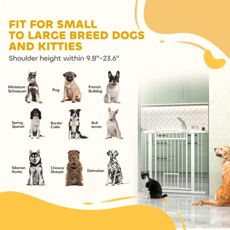 HKM-2201917 Extra Wide Adjustable Pet Gate with Cat Door for Multi-Pet Homes - 30.3" or 37.4" High, White Steel