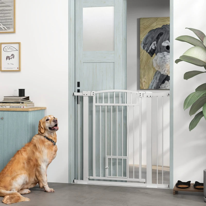 HKM-2201917 Extra Wide Adjustable Pet Gate with Cat Door for Multi-Pet Homes - 30.3" or 37.4" High, White Steel