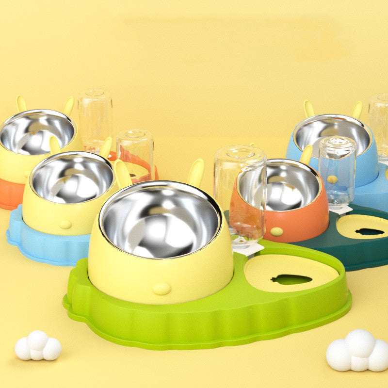 HKM-2202429 Double Bowl Stainless Steel Pet Feeding Dish with Non-Slip Base and Tilted Carrot Design