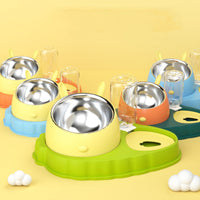 HKM-2202429 Double Bowl Stainless Steel Pet Feeding Dish with Non-Slip Base and Tilted Carrot Design