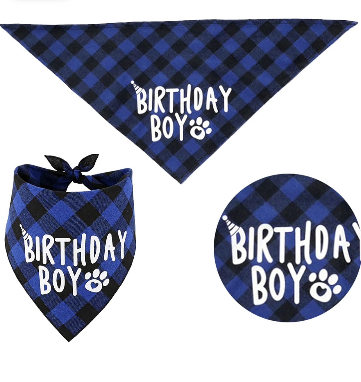 HKM-2203837 Dog Birthday Plaid Triangle Scarf and Saliva Towel, Cotton, Customizable Size