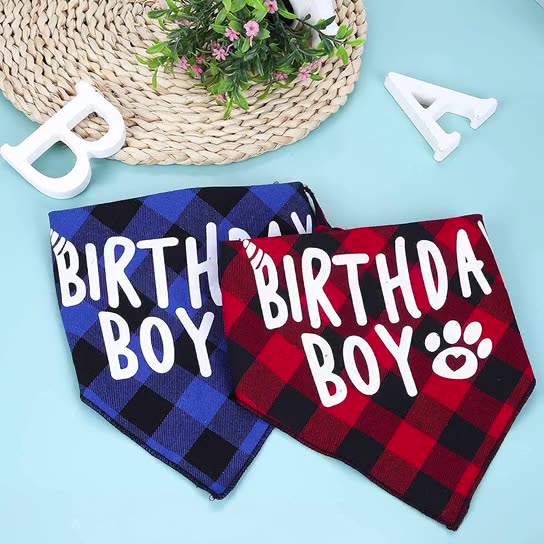 HKM-2203837 Dog Birthday Plaid Triangle Scarf and Saliva Towel, Cotton, Customizable Size