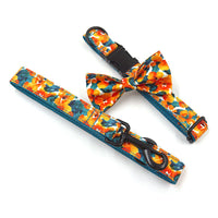 HKM-2206013 Hawaiian Print Dog Collar and Leash Set with Bow Tie - XS to XL Sizes
