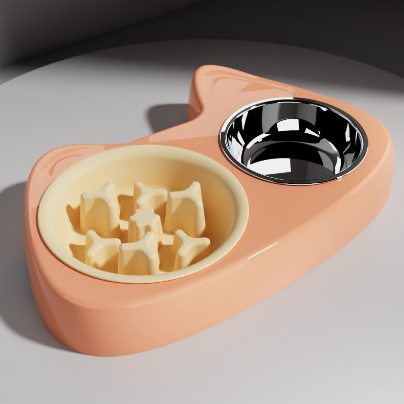 HKM-2206397 Two-in-One Slow Feeder Cat Bowl with Stainless Steel and Double Design in Multiple Colors