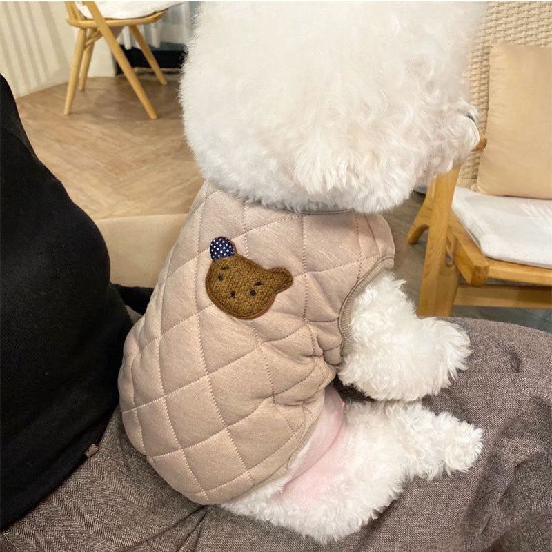HKM-2216509 Quilted Dog Vest with Bear Patch - Cozy Warm Padded Gilet for Small Dogs