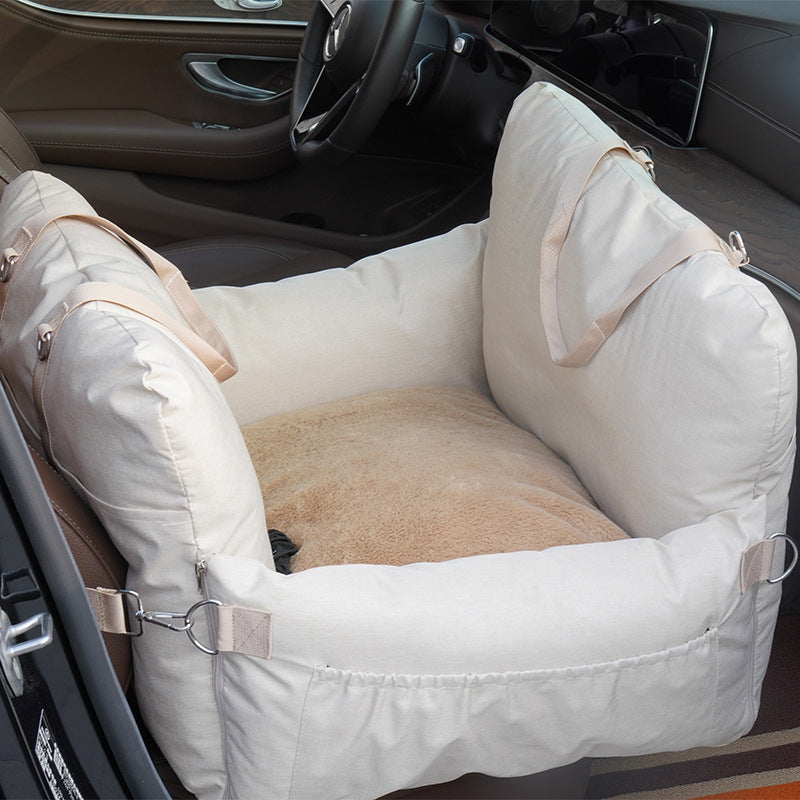 HKM-2216765 Creamy-White Linen Car Safety Seat Dog Bed - 60x50x43 cm, Comfortable Pet Cushion for Car Travel