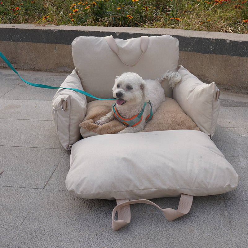 HKM-2216765 Creamy-White Linen Car Safety Seat Dog Bed - 60x50x43 cm, Comfortable Pet Cushion for Car Travel