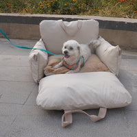 HKM-2216765 Creamy-White Linen Car Safety Seat Dog Bed - 60x50x43 cm, Comfortable Pet Cushion for Car Travel
