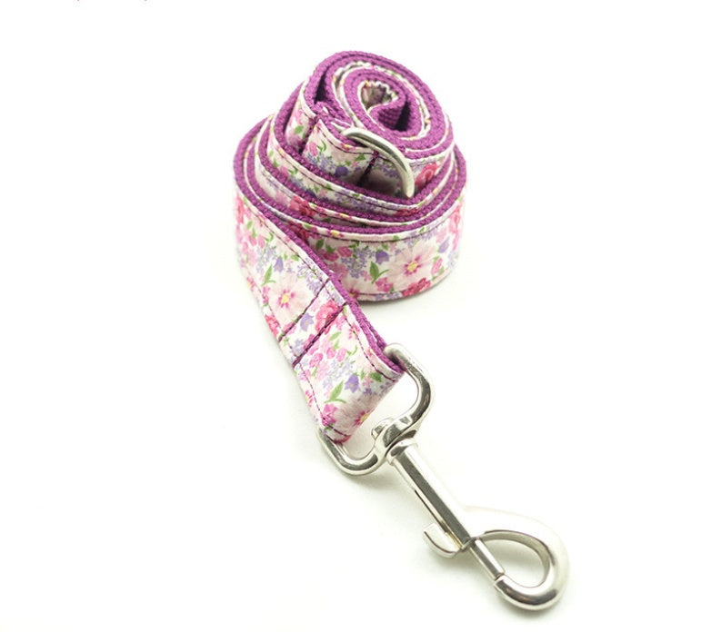 HKM-2217533 Purple Floral Dog Leash Made with Soft Cloth and Ribbon