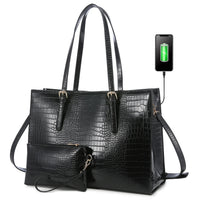 HKM-221971 Crocodile Pattern Laptop Tote Bag Set – Large Capacity Office Shoulder Handbags for Women (15.6 inches)