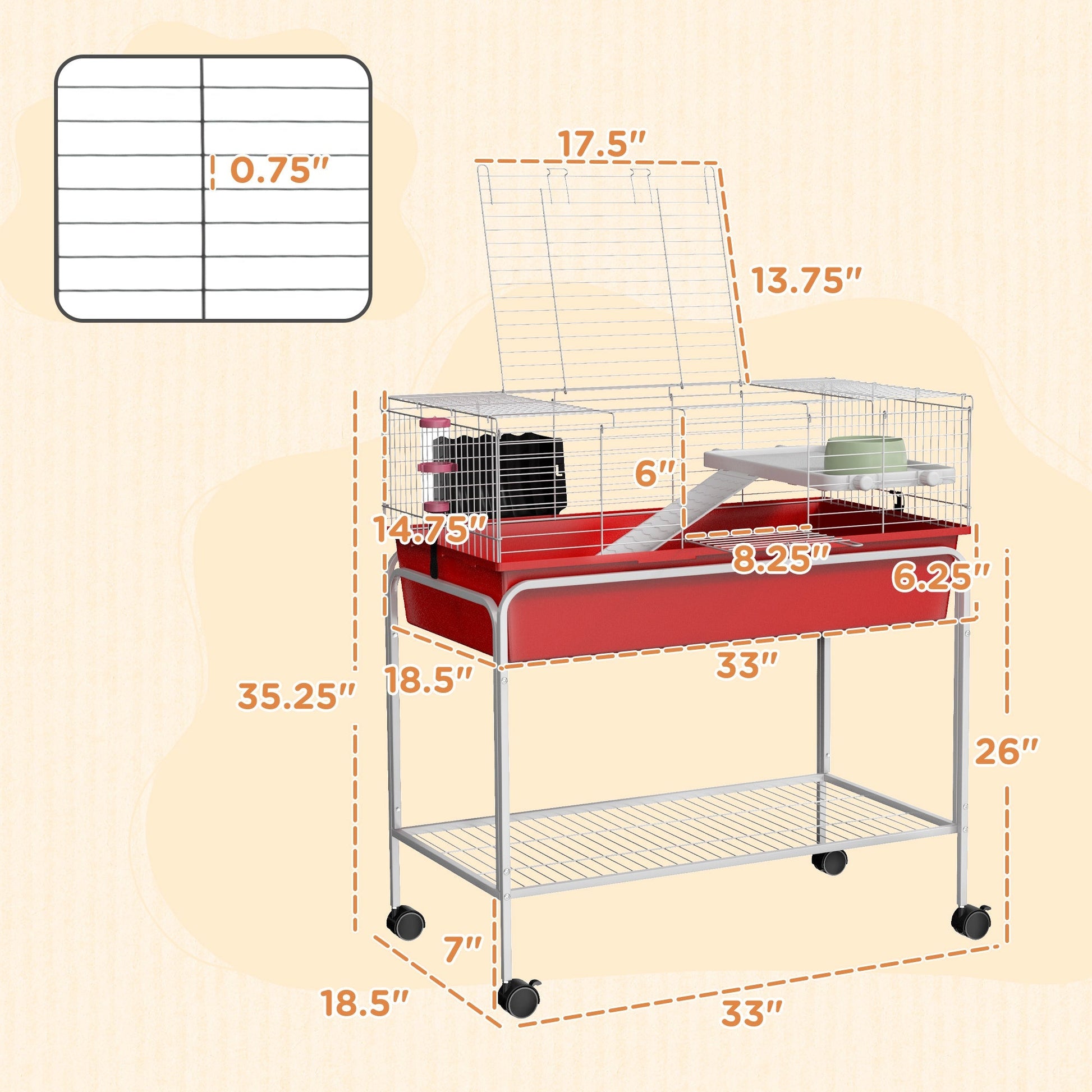 HKM-2221373 Two-Story Small Animal Habitat with Removable Stand, Wheels, and Shelf - Ideal for Guinea Pigs, Chinchillas, Ferrets, and More, 33" x 18.5" x 35"