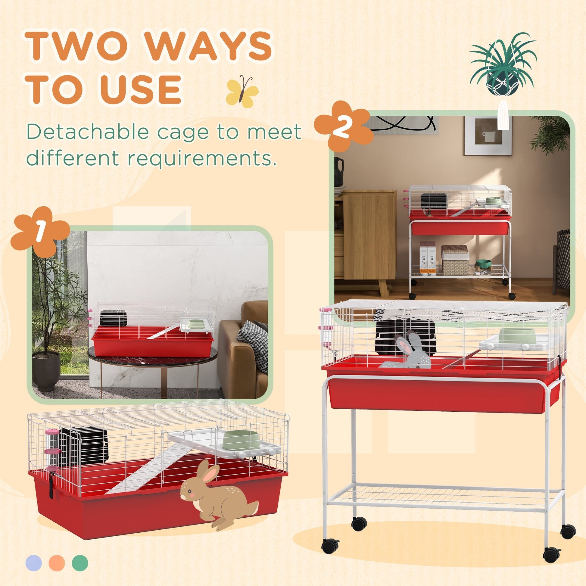 HKM-2221373 Two-Story Small Animal Habitat with Removable Stand, Wheels, and Shelf - Ideal for Guinea Pigs, Chinchillas, Ferrets, and More, 33" x 18.5" x 35"