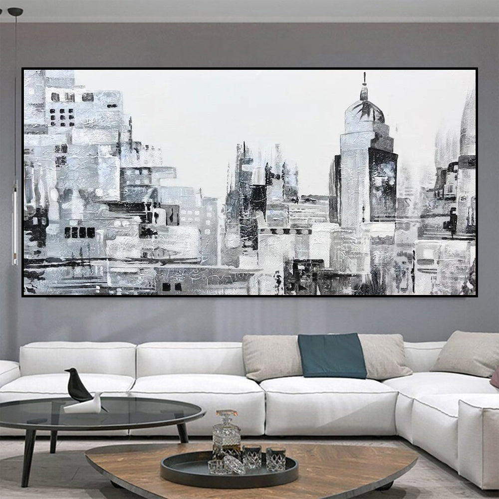 HKM-222355 Handcrafted Modern Abstract Black and White Urban Landscape Oil Painting on Canvas – Frameless and Unstretched Art for Home Decoration