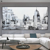 HKM-222355 Handcrafted Modern Abstract Black and White Urban Landscape Oil Painting on Canvas – Frameless and Unstretched Art for Home Decoration