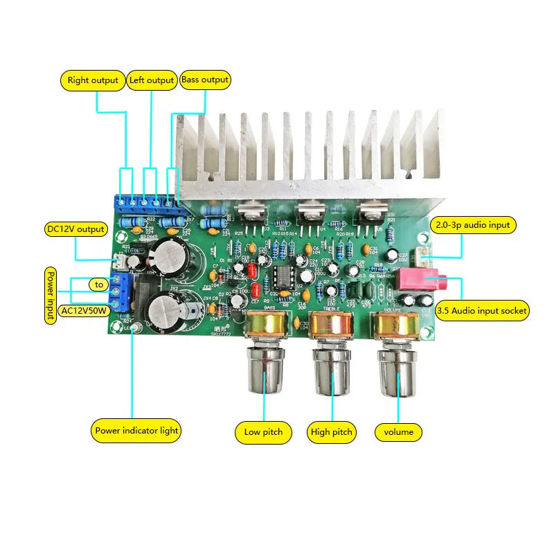 HKM-222419 3-Channel 2.1 Power Amplifier Board TDA2050/TDA2030A, 18W*2 + 32W Low-Noise Subwoofer Module