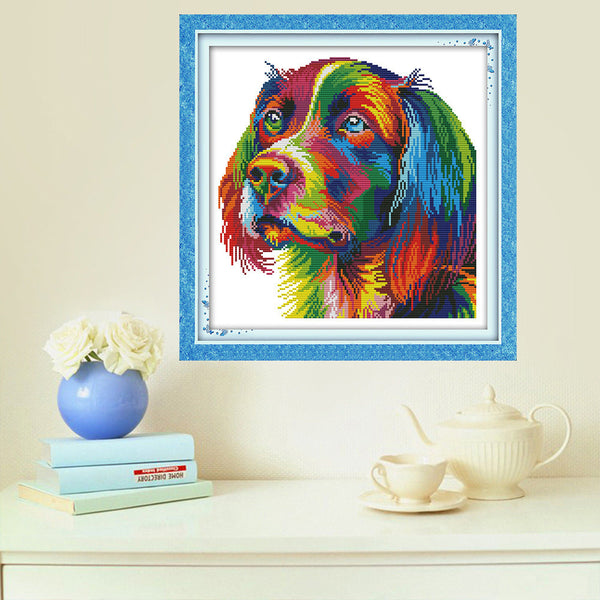 HKM-222419 Colorful Rainbow Dog Cross Stitch Kit - Cotton Embroidery Design