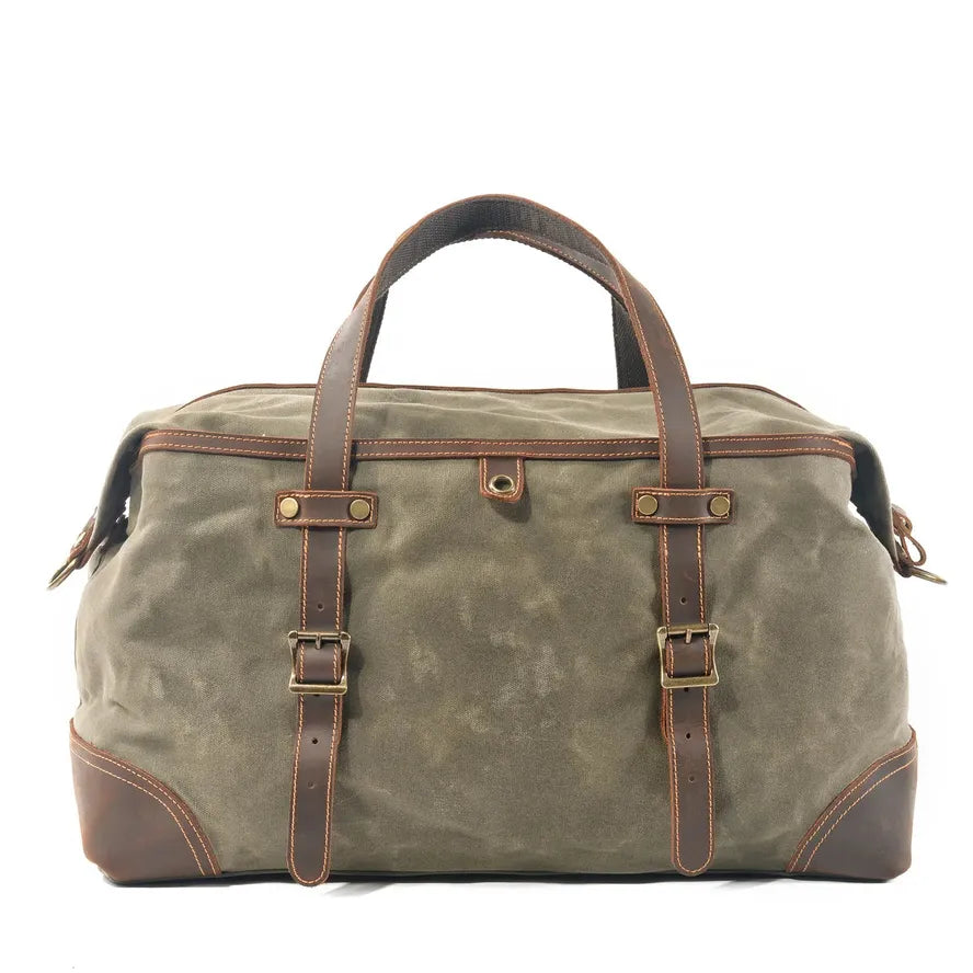HKM-222483 Army Green Waterproof Waxed Canvas and Cowhide Leather Duffle Bag - 52cm x 22cm x 30cm