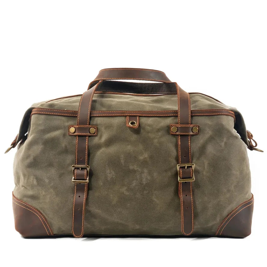 HKM-222483 Army Green Waterproof Waxed Canvas and Cowhide Leather Duffle Bag - 52cm x 22cm x 30cm