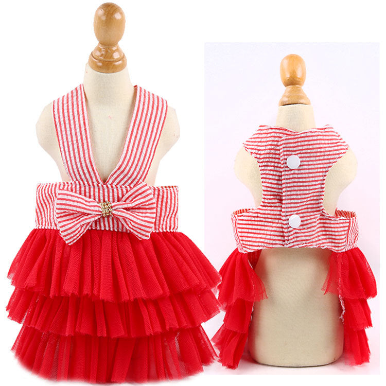 HKM-2225853 Pet Fashion Striped Suspender Skirt in Pink and Cyan, Cotton Material, Multiple Sizes Available