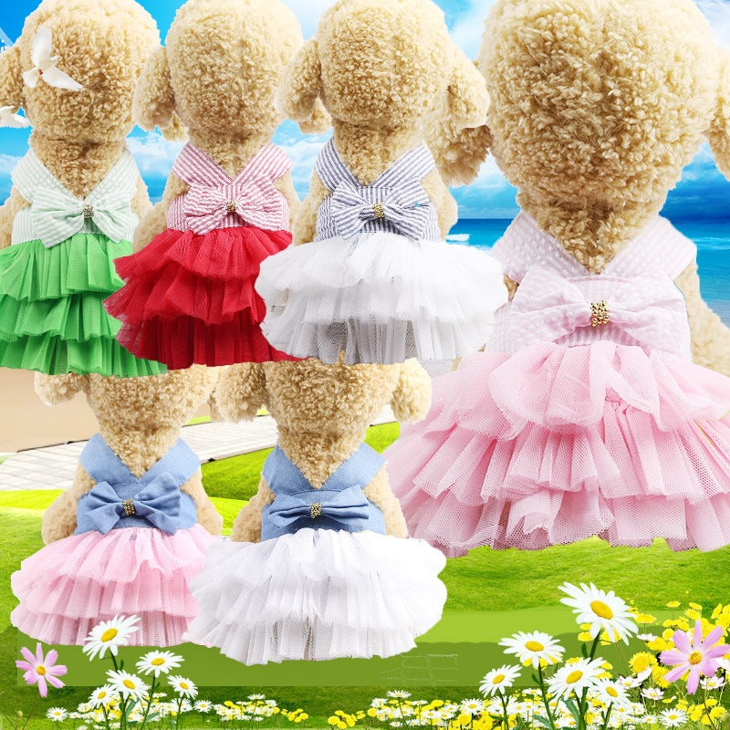 HKM-2225853 Pet Fashion Striped Suspender Skirt in Pink and Cyan, Cotton Material, Multiple Sizes Available