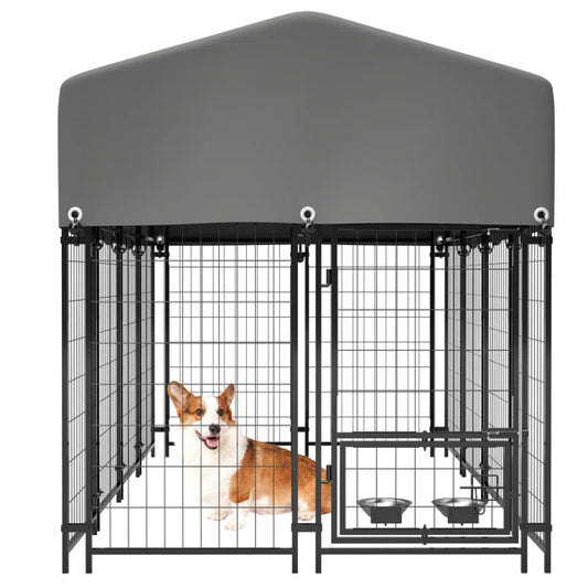 HKM-2228925 Heavy Duty Outdoor Dog Kennel with Roof, Welded Wire Enclosure, UV-Resistant Cover, Locking System for Medium/Large Dogs