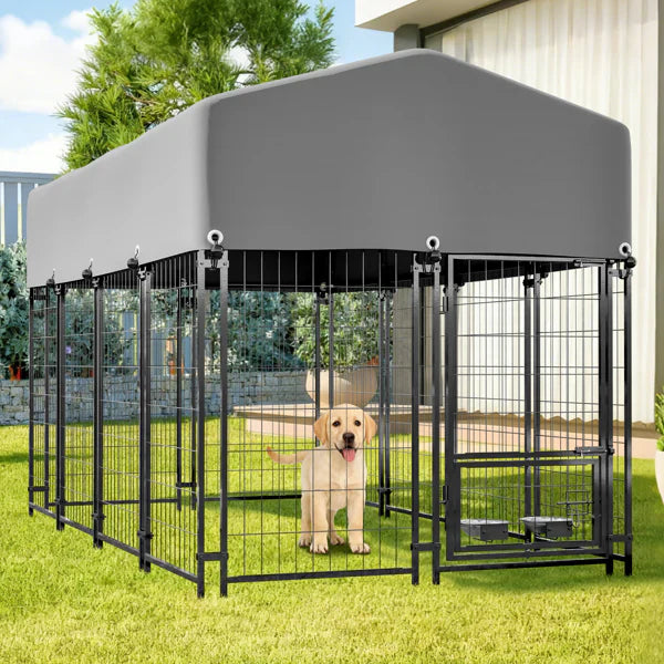 HKM-2228925 Heavy Duty Outdoor Dog Kennel with Roof, Welded Wire Enclosure, UV-Resistant Cover, Locking System for Medium/Large Dogs