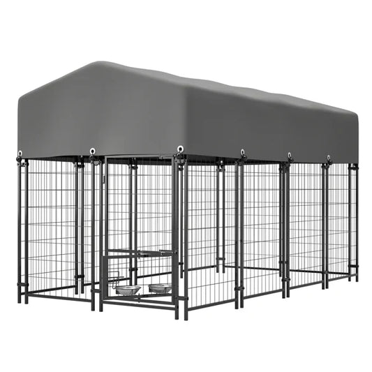 HKM-2228925 Heavy Duty Outdoor Dog Kennel with Roof, Welded Wire Enclosure, UV-Resistant Cover, Locking System for Medium/Large Dogs
