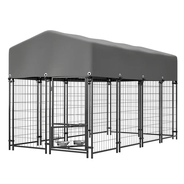 HKM-2228925 Heavy Duty Outdoor Dog Kennel with Roof, Welded Wire Enclosure, UV-Resistant Cover, Locking System for Medium/Large Dogs