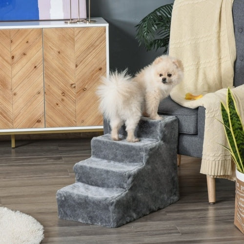 HKM-222931 Four-Step Dog Stairs with Washable Plush Cover for High Beds and Sofas in Light Grey